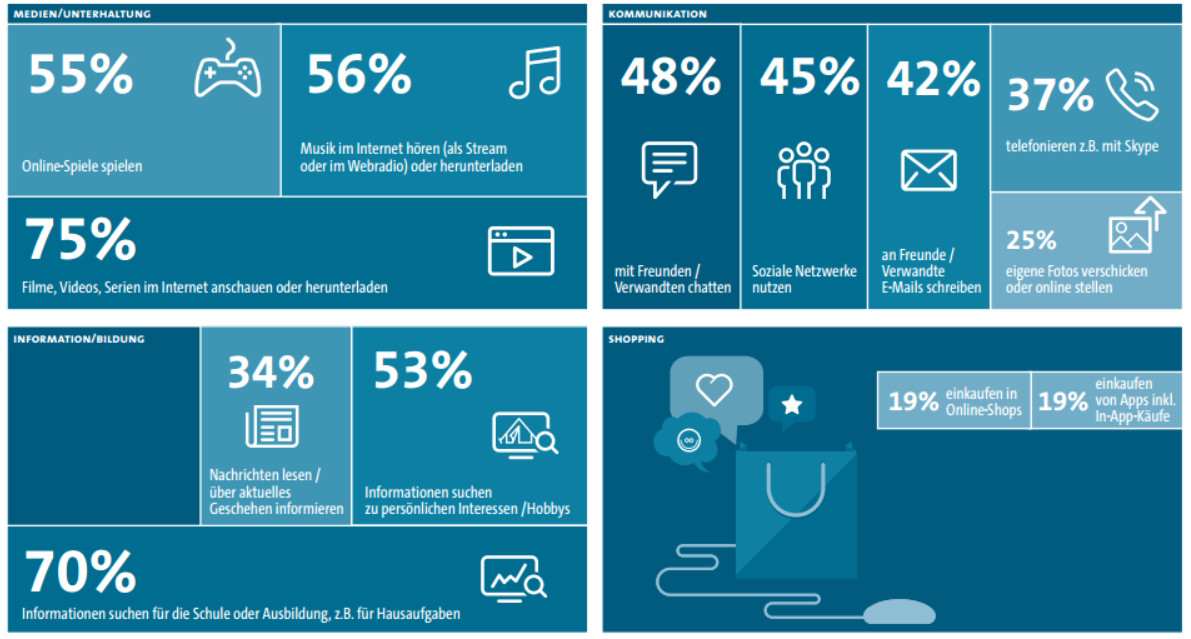 Die Internetnutzung lässt sich grob in vier Kategorien unterteilten: Medien/Unterhaltung, Kommunikation, Information/Bildung sowie Shopping. Die am meisten verbreitete Beschäftigung von Kindern und Jugendlichen im Internet ist Filme, Videos und Serien anschauen oder herunterladen (75 Prozent). 70 Prozent geben an, zumindest ab und zu Informationen für die Schule oder Ausbildung zu suchen. Danach werden die Tätigkeiten Musik im Internet hören (56 Prozent), Online-Spiele spielen (55 Prozent) und Informationen zu Hobbys suchen (53 Prozent) genannt. Verglichen mit der Studie aus dem Jahr 2011 liegen das Anschauen von Videos und Filmen (2011: 73 Prozent) sowie die Suche nach Informationen für die Schule (2011: 76 Prozent) weiter an der Spitze der Tätigkeitsliste. Demgegenüber hat das Chatten mit Freunden am Computer signifikant an Bedeutung verloren (ein Rückgang von 65 Prozent auf 48 Prozent). Diese Form der Kommunikation hat sich in großen Teilen auf das Smartphone verlagert