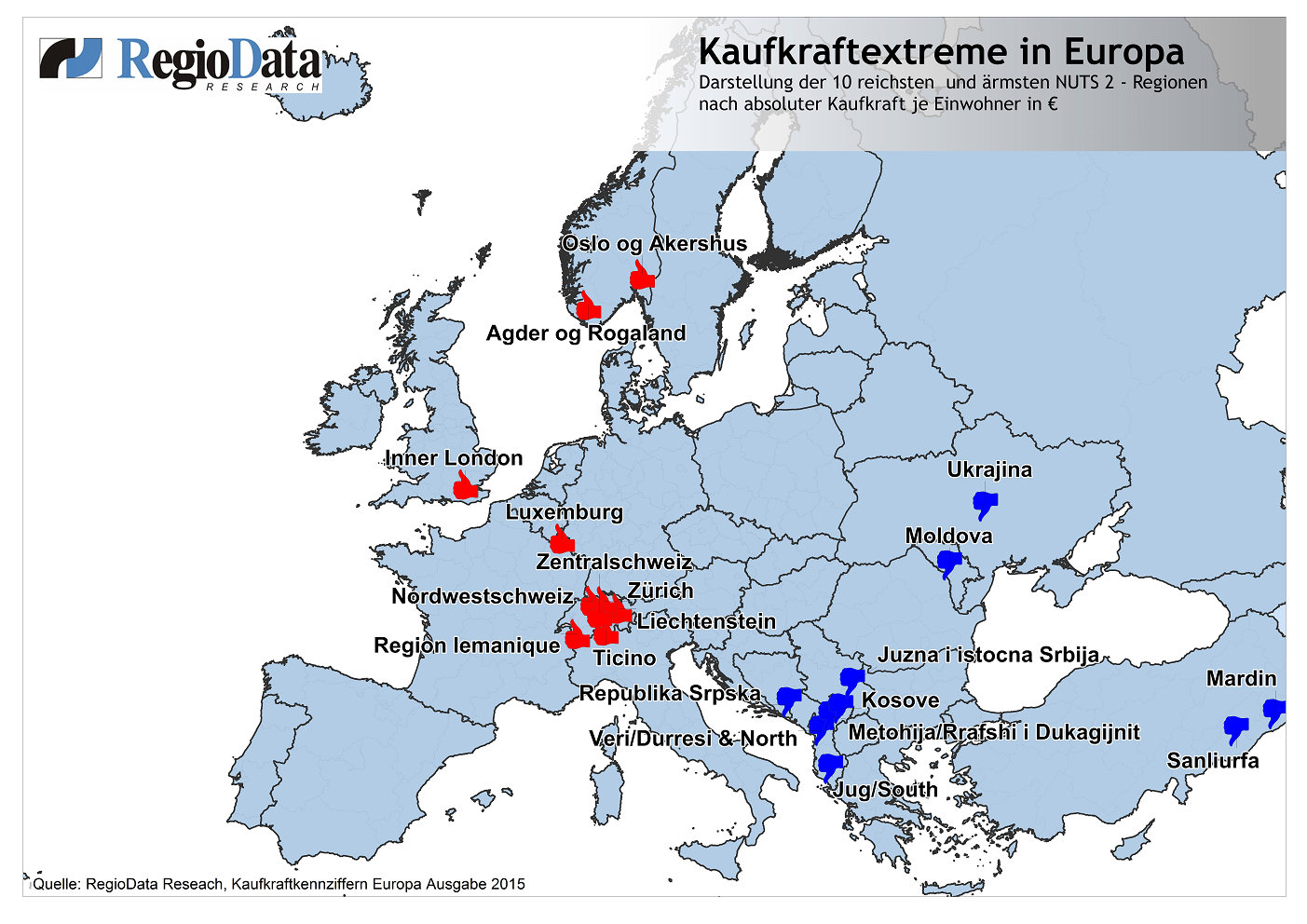 Auf nationaler Ebene gleichen sich die Wohlstandsunterschiede der einzelnen europäischen Länder allmählich an, doch auf kleinräumiger Ebene werden sie bei längerfristiger Betrachtung eher größer. Und so kommt es, dass ein durchschnittlicher Einwohner in Liechtenstein pro Jahr 50.000 € frei zur Verfügung hat, ein Bewohner der ländlichen Gebiet in der Republik Moldau hingegen nur knapp 1.000 €, pro Jahr wohlgemerkt! Wohlstand ist in Europa klar verteilt: Im Nordwesten wohnen die Reichen, im Südosten die Armen. Die Stadtbevölkerung ist durchwegs wohlhabender als die ländliche Bevölkerung – außer in der Schweiz. Dort wohnen besonders viele Reiche, aber eher am Land. Einer der Gründe ist die födera-listische Steuergesetzgebung, die es Superreichen erlaubt, in kleinen Gemeinden weniger Steuern zu zahlen. Von den 10 kaufkraftstärksten Regionen Europas liegen fünf in der Schweiz, dazu kommt Liechten-stein, Luxemburg, 2 südliche Regionen in Norwegen und Inner London. Und auch die Armut in Eu-ropa ist räumlich eindeutig. Von den 10 kaufkraftschwächsten Gebieten sechs im südlichen Ex-Jugoslawien und Albanien und zwei im türkischen Kurdenland, dazu kommen die Republik Moldau und Gebiete in der Ukraine. Im als arm geltenden italienischen Süden ist die durchschnittliche Kauf-kraft deutlich höher als in diesen zehn Gebieten und selbst in fernen russischen Regionen verdienen die Menschen deutlich mehr.