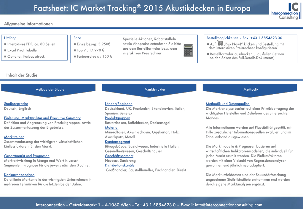Die Studie IC Market Tracking Akustikdecken in Europa 2015 untersucht den Markt für Akustikdecken sowie die Hersteller dieser Branche. Sie erhalten detaillierte Marktdaten zum Gesamtmarkt wie zu einzelnen Segmenten wie Produktgruppen, Material, Anwendungsbereichen, Kundensegmenten und Vertriebskanälen.  In der Studie werden wichtige Einflussfaktoren aus dem Marktumfeld analysiert und Prognosen für alle Produktsegmente für die nächsten drei Jahre basierend auf dem Interconnection Indikatorenmodell erstellt. Im Rahmen der Wettbewerbsanylse erhalten Sie Informationen zu Marktanteilen der Hersteller für den Gesamtmarkt und zu den Segmenten inklusive Entwicklungen der letzten beiden Jahre. 