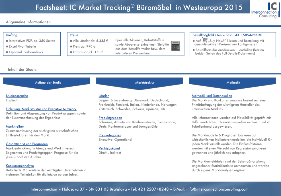 Die Einleitung beschreibt die verwendeten Begriffe sowie die Einteilung der einzelnen Segmente und stellt den Versuch einer Marktabgrenzung dar. Ebenso wird die methodische Vorgangsweise beschrieben. Die Executive Summary gibt einen kurzen Überblick über die wichtigsten Ergebnisse der Studie und fasst die Kernaussagen übersichtlich zusammen. Anschließend wird die Entwicklung der relevanten Einflussfaktoren auf den untersuchten Markt im Marktumfeld analysiert und dargestellt. Als Quellen dienen dazu ausgewählte internationale Statistiken und Studien von Interconnection. Die Gesamtmarktanalyse zeigt die wertmäßige Entwicklung des untersuchten Marktes in verschiedenen Dimensionen wie z.B. Regionen, Produkt-gruppen und Teilsegmenten. Einen essentiellen Teil der Analyse bilden die Prognosen für die nächsten Jahre sowie die Analyse der Durchschnittspreise. Konkurrenzanalyse: Zeigt detailliert die Markanteile der wichtigsten Unternehmen in mehreren Teilmärken für die letzten beiden Jahre. Des Weiteren stellen wir die Wettbewerbssituation anhand von Portfolios dar. Pivot Tabellen: Hier steht Ihnen ein leistungsstarkes und interaktives Tool zur Weiterverarbeitung unserer Daten für Ihre persönlichen Marktforschungsbedürfnisse zur Verfügung.