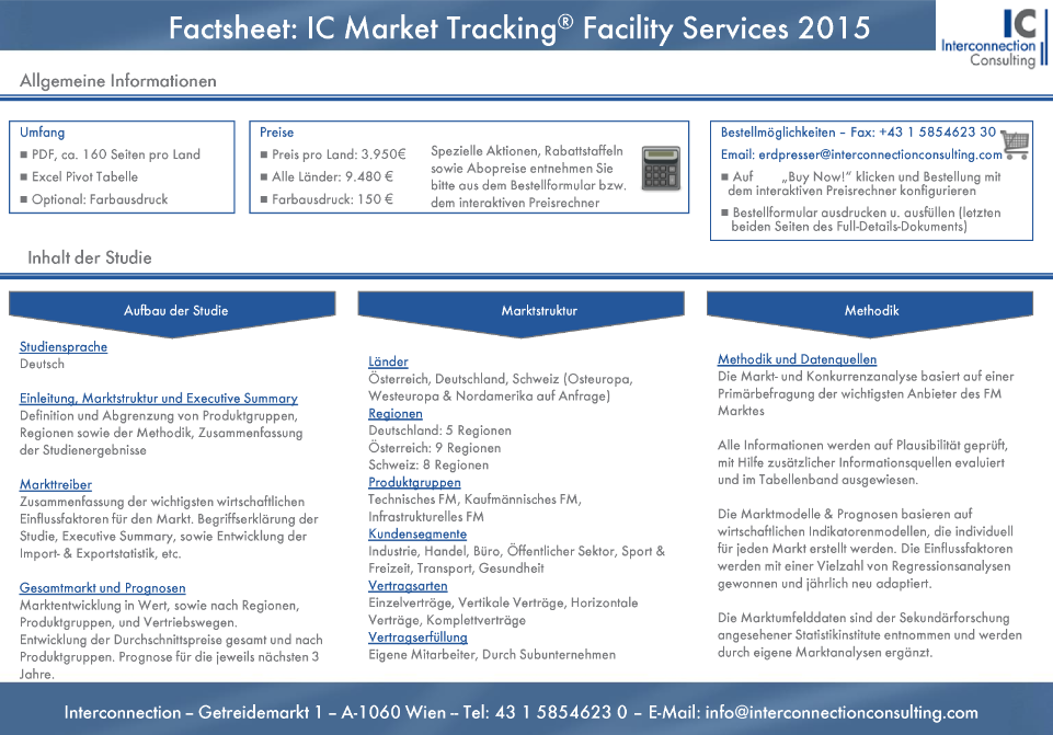 Das IC Market Tracking Facility Services analysiert den Markt für Facility Services sowie die Unternehmen dieser Branche. Der Report bietet detaillierte Marktzahlen und Prognosen zum Gesamtmarkt wie zu den verschiedenen Segmenten bzw. Subsegmenten.  Der Markt wird unterteilt in  internes Facility Management und Externe Facility Services Regionen (in D sind das Nord, West, Ost, Süd-West, Süd-Ost, in Ö 9 Bundesländer und in CH Zürich, Bern, Nördliche Schweiz, Italienische Schweiz, Zentrale Schweiz, Westliche Schweiz, Östliche Schweiz, Südwestliche Schweiz), Segmenten (Industrie, Handel, Bürogebäude, Gesundheit, Bildung und öffentlicher Bereich, Transport, Sport und Freizeit, Wohnungen, Sonstige), Vertragsarten (Einzelverträge, Vertikale Verträge, Horizontale Verträge, Komplettverträge), Vertragserfüllung (eigene Mitarbeiter, durch Subunternehmen), Servicearten und Subservicearten wie Technisch (Gebäudebetrieb, Gebäudewartung, Störungs-Management, Inspektionen, Um- und Zubauten, andere), Infrastrukturell (Reinigung, Sicherheit, Catering, Rezeption, Aussenanlagen, Andere), Kaufmännisch (Controlling, Immobilien-Verwaltung, Flächen-Management, Beschaffung, Andere). Sie bekommen einen detaillierten Bericht zum Gesamtmarkt sowie den einzelnen Marktsegmenten. Im Rahmen der Wettbewerbsanylse erhalten Sie Informationen zu Marktanteilen der Hersteller inklusive Entwicklungen der letzten beiden Jahre hinsichtlich Gesamtmarkt und Segmenten.  In der Studie werden wichtige Einflussfaktoren aus dem Marktumfeld aufgezeigt und Prognosen für alle Segmente für die nächsten drei Jahre basierend auf unserem Indikatorenmodell erstellt. Sie sehen welche Segmente schrumpfen und erkennen Wachstumspotenziale.  Alle Daten sind in übersichtlichen Charts aufbereitet und anhand einer Pivottabelle logisch nachvollziehbar und schnell verwertbar.