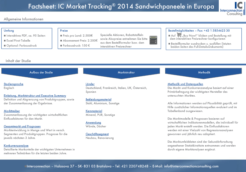 Die Marktstudie IC Market Tracking Sandwichpaneele analysiert den Markt und die Marktteilnehmer. Die Branchenstudie bietet einen detaillierten Bericht zum Gesamtmarkt und umfassende Analysen, Fakten und Daten zu verschiedenen Segmenten, zum Vertriebskanalmix und umfassende Konkurrenzanalyse der Hersteller.