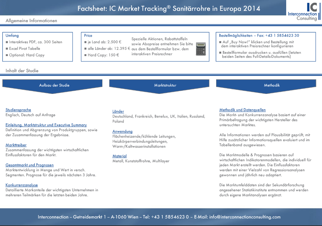 Die Marktstudie IC Market Tracking Sanitärrohre analysiert den Markt und die Marktteilnehmer. Die Branchenstudie bietet einen detaillierten Bericht zum Gesamtmarkt und umfassende Analysen, Fakten und Daten zu verschiedenen Segmenten, zum Vertriebskanalmix und umfassende Konkurrenzanalyse der Hersteller.