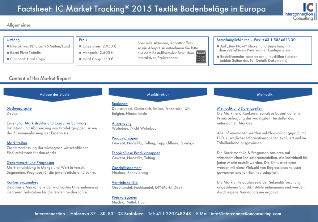 Die Marktstudie IC Market Tracking Textiele Bodenbeläge analysiert den Gesamtmarkt sowie einzelne Segmente. Die Analyse bietet einen detaillierten Bericht zum Gesamtmarkt sowie den einzelnen Marktsegmenten bzw. Produktgruppen und Kundensegemente. Im Rahmen der Wettbewerbsanylse erhalten Sie für jedes Segment Informationen zu Marktanteilen der Hersteller inklusive Entwicklungen der letzten beiden Jahre hinsichtlich Gesamtmarkt, Produktgruppen und Segmente sowie Analysen der Vertriebskanäle.