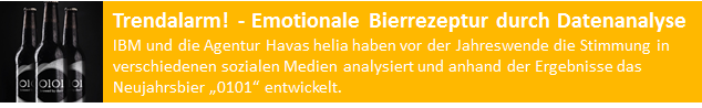 IBM und die Agentur Havas helia haben vor der Jahreswende die Stimmung in verschiedenen sozialen Medien analysiert und anhand der Ergebnisse das Neujahrsbier „0101“ entwickelt.