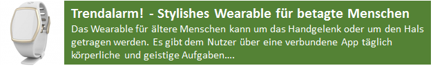 Das US-amerikanische Unternehmen GreatCall hat eine Crowdfunding-Kampagne gestartet, um seinen Aktivitätstracker „Lively“ zu bewerben. Das Wearable für ältere Menschen kann um das Handgelenk oder um den Hals getragen werden. Es gibt dem Nutzer über eine verbundene App täglich körperliche und geistige Aufgaben, deren Ausführung andere Personen – etwa Pflegekräfte oder Familienangehörige – nachverfolgen können. Der Clou an „Lively“ ist die Notruffunktion, die beim Drücken auf einen Button ausgelöst wird und den Nutzer über das Smartphone landesweit mit professionellen Hilfskräften verbindet.