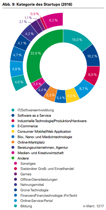 Die Teilnehmer des DSM konnten aus insgesamt 18 vorgegebenen Kategorien wählen, welcher sie ihr Startup am ehesten zuordnen würden. Der Großteil der Startups ist in den sechs Bereichen IT/Softwareentwicklung (15,0%), Software as a Service (10,2%), Industrielle Technologie/ Produktion/Hardware (8,9%) E-Commerce (8,7%) sowie Consumer Mobile/Web Application (6,0%) tätig.