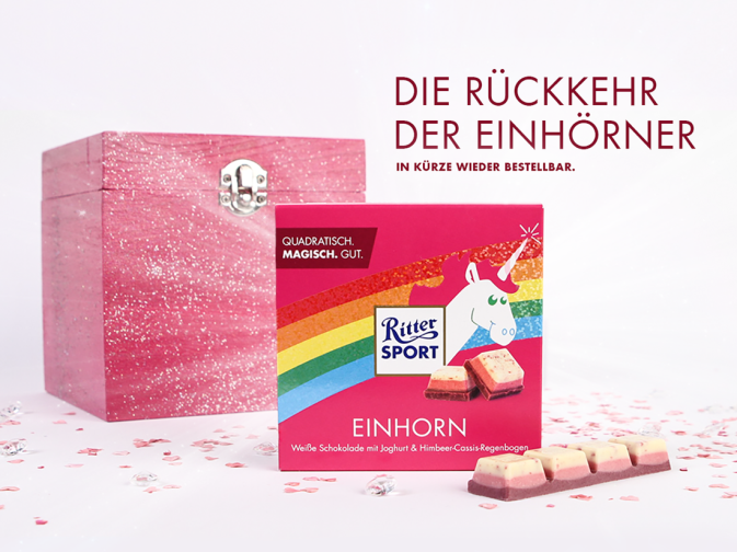 Unter www.sortenkreation.de lässt das Familienunternehmen mit Sitz in Waldenbuch Nutzer ihre eigenen Vorschläge für neue Sorten einreichen. Ein Vorschlag erwies sich dabei als besonders populär: die so genannte “Einhorn” Schokolade, die nach einem internen Entwicklungs-Prozess schließlich auch produziert im Oktober mit der Geschmacksrichtung Joghurt-Himbeer-Schokolade auf den Markt gebracht wurde.
