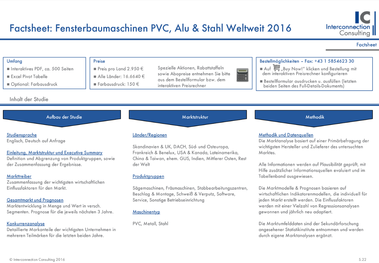 Die Branchenstudie IC Market Tracking "Fensterbaumaschinen 2016" analysiert den Markt für Fensterbaumaschinen im Bereich PVC, Alu und Stahl und deren Hersteller. Die Studie bietet eine detaillierte Darstellung des Marktes für Fensterbaumaschinen Holz pro Land bzw. Region sowie Prognosen bis 2019 auf Basis eines ökonometrischen Prognosemodells. 
