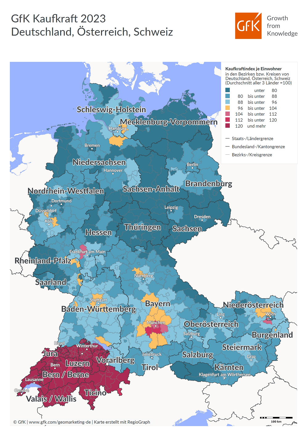 Tim Weber, GfK-Experte im Bereich Geomarketing, kommentiert: „In allen drei Ländern der DACH-Region gibt es 2023 im Vergleich zu den revidierten Vorjahreswerten Kaufkraftzugewinne, die in Österreich mit 5,3 Prozent aber deutlich höher ausfallen als in Deutschland und der Schweiz. Damit ziehen die Österreicher dieses Jahr bei der Pro-Kopf-Kaufkraft an den Deutschen vorbei und belegen im Ranking der deutschsprachigen Länder den zweiten Platz. Dieses Kaufkraftplus wird aber bei den Bürgern in allen drei Ländern nicht wirklich ankommen, sondern den steigenden Verbraucherpreisen zum Opfer fallen.“